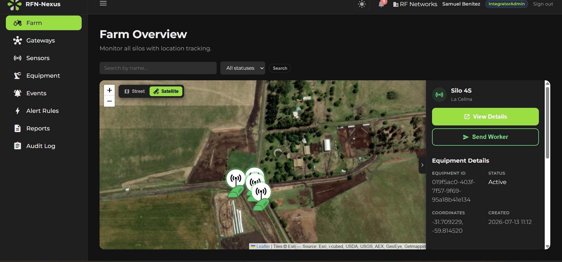RFN-Nexus Farm Overview — satellite map showing silobag sensor markers