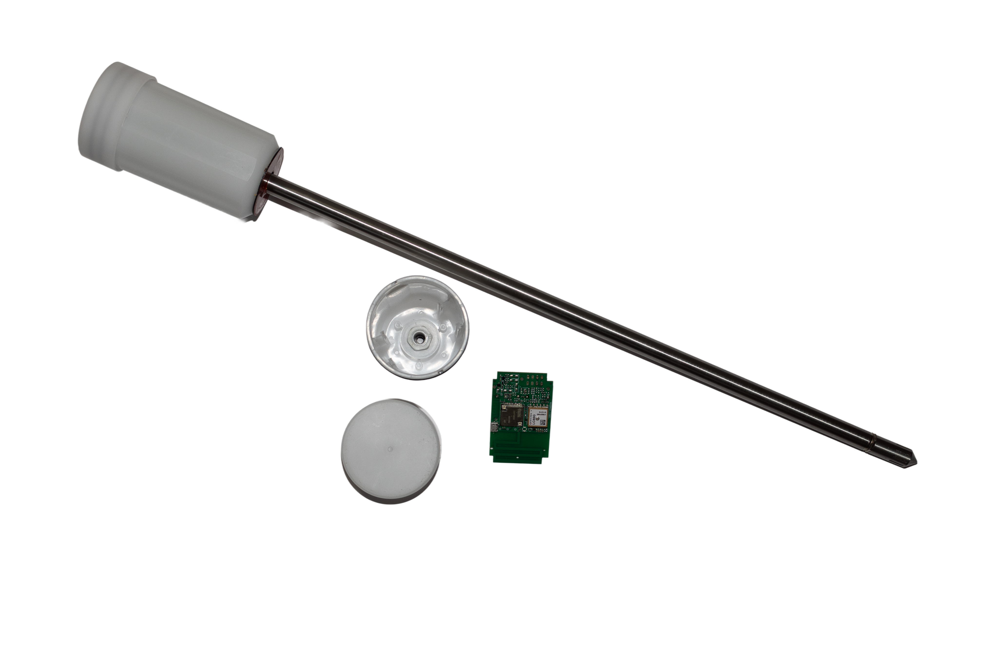 SiloSense probe hardware disassembled — stainless steel rod, enclosure, and PCB
